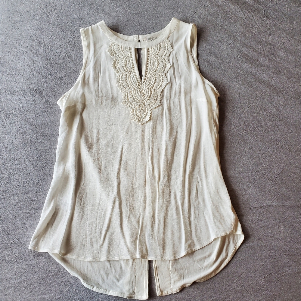 Small, Pale Sky Loose Fitting Flowy Tank w/ Crochet Accents and Keyhole Detail